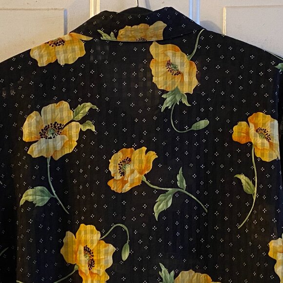 Alfred Dunner Sz 18 (XL) Blouse Button Up Short Sleeve Black Yellow Poppies - Picture 6 of 10